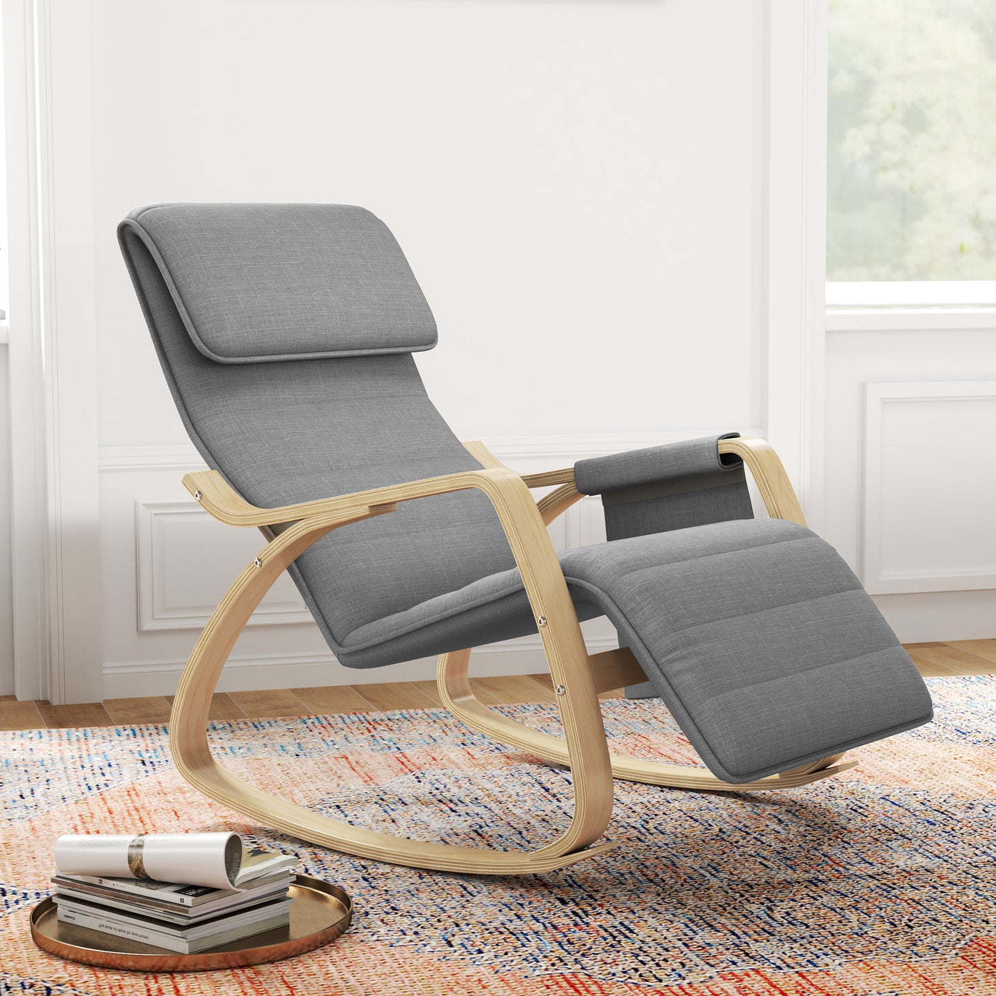 Schommelstoel – Relaxstoel – Fauteuil – Voedingsstoel – Schommelstoel Babykamer – Verstelbare Voetsteun – Stevig Houten Frame – Grijs