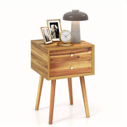 Nachtkastje – Nachtkastjes – Bijzettafel – Ladekastje – Slaapkamertafel – Hout – 2 Lades – Natuurlijk Rubberhout – 40x40x59,5 cm