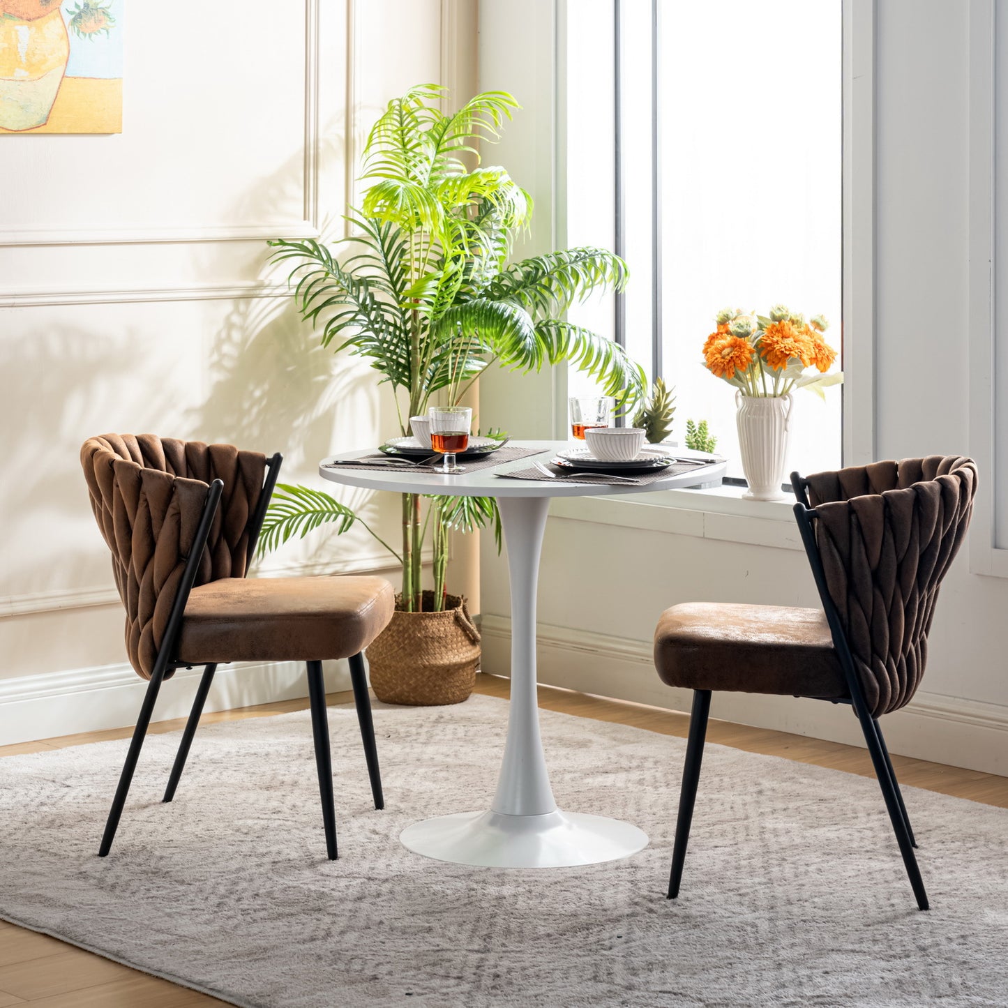 Retro Eetkamerstoelen – Vintage Stoelen – Armleunstoel – Lounge Stoel – Zithoek Stoelen – Set van 6 Bruin – Metalen Frame – 9 cm Dikke Suède Zitkussens