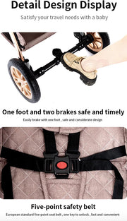 Kinderwagen 3 in 1 - Kinderwagen - Bedje - Buggy - Autostoel - Opvouwbaar - Aluminium frame - Beige/Khaki - Goud - Bruin
