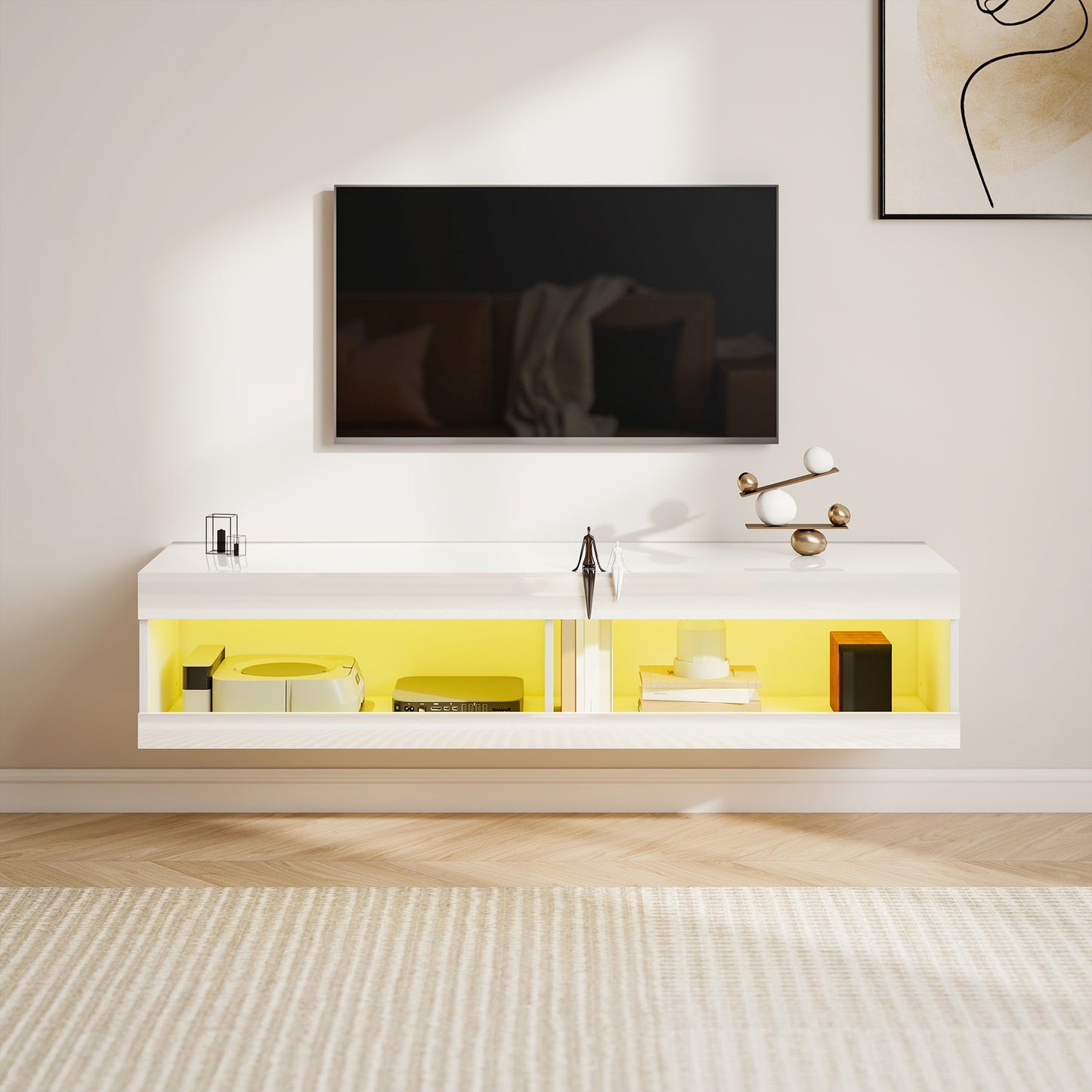 Tv Meubel – TV Kast – TV Meubel Hangend – Lowboard – TV Dressoir – Hoogglans Wit – RGB LED Verlichting 16 Kleuren – 140x40x30 cm