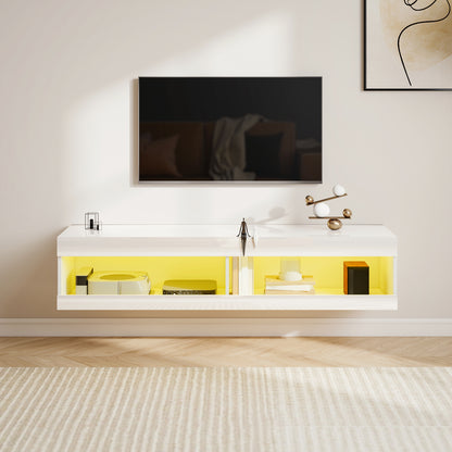 Tv Meubel – TV Kast – TV Meubel Hangend – Lowboard – TV Dressoir – Hoogglans Wit – RGB LED Verlichting 16 Kleuren – 140x40x30 cm