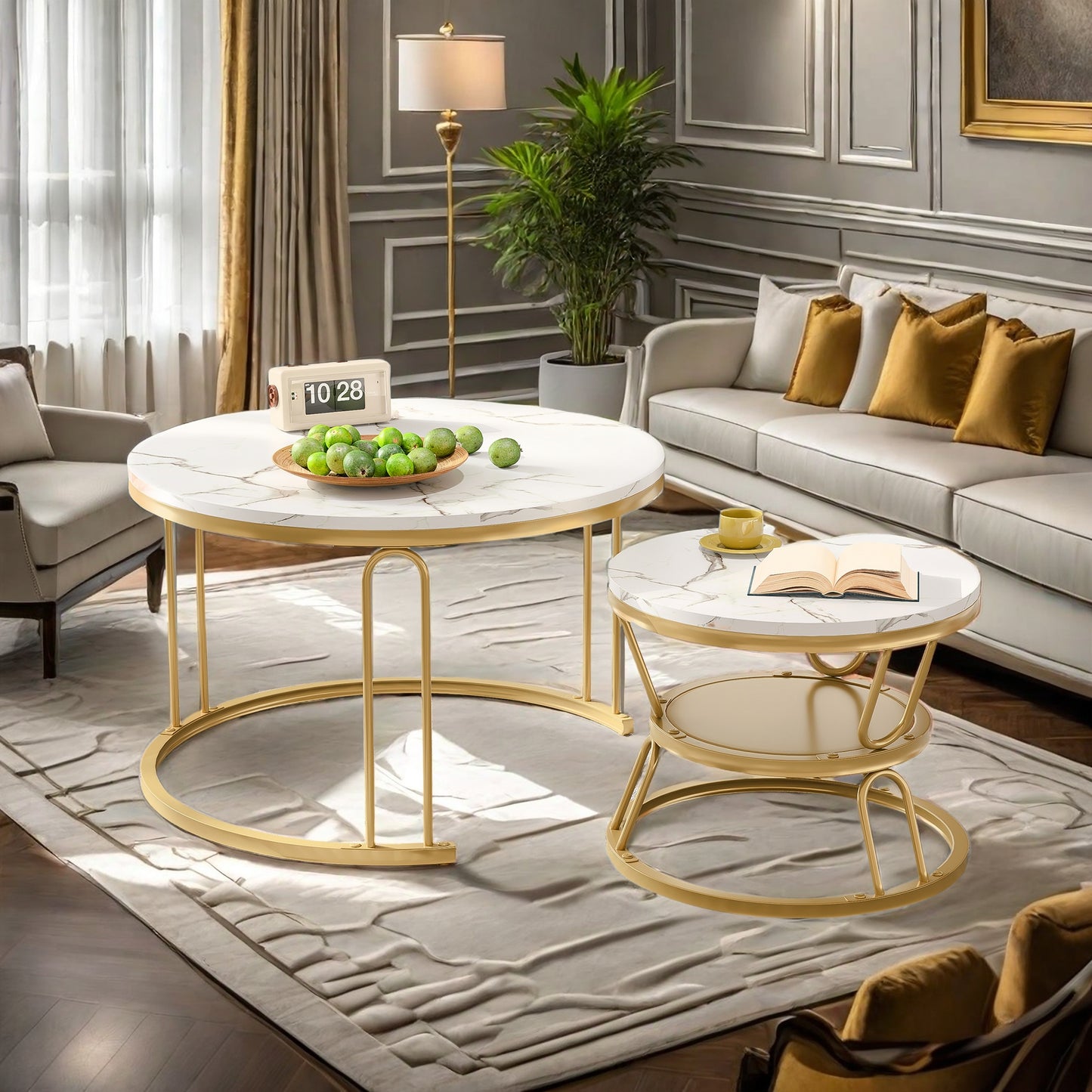 Salontafel – Bijzettafel – Koffietafel – Tafeltje – Ronde Salontafel Set – Gouden Metaal Frame – Marmer Effect Tafelblad – Stapelbaar – Lichtgewicht