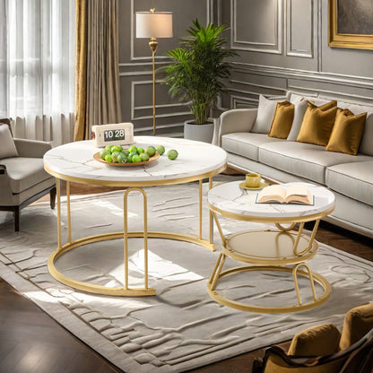 Salontafel – Bijzettafel – Koffietafel – Tafeltje – Ronde Salontafel Set – Gouden Metaal Frame – Marmer Effect Tafelblad – Stapelbaar – Lichtgewicht