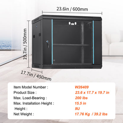VEVOR 9U Wall Mount Network Server Cabinet, 15.5'' Deep, Server Rack Cabinet Enclosure, 200 lbs Max. Ground-mounted Load Capacity, with Locking Glass Door Side Panels, for IT Equipment, A/V Devices