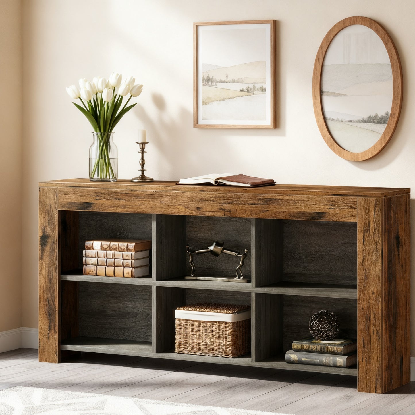 Console tafel – sidetable – haltafel – dressoir – opbergkast – Bruin en zwart – 160 cm lang – 6 open opbergvakken – massief hardhout en geperst hout – smal ontwerp
