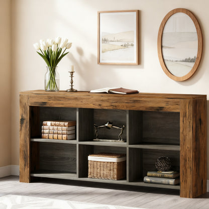 Console tafel – sidetable – haltafel – dressoir – opbergkast – Bruin en zwart – 160 cm lang – 6 open opbergvakken – massief hardhout en geperst hout – smal ontwerp
