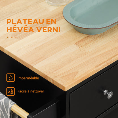 Keukeneiland – Keukentrolley – Serveerwagen – Buffetkast – Keukenkast – Bicolor Zwart-Beukenhout – Verstelbare Plank – Wielen Met Remmen