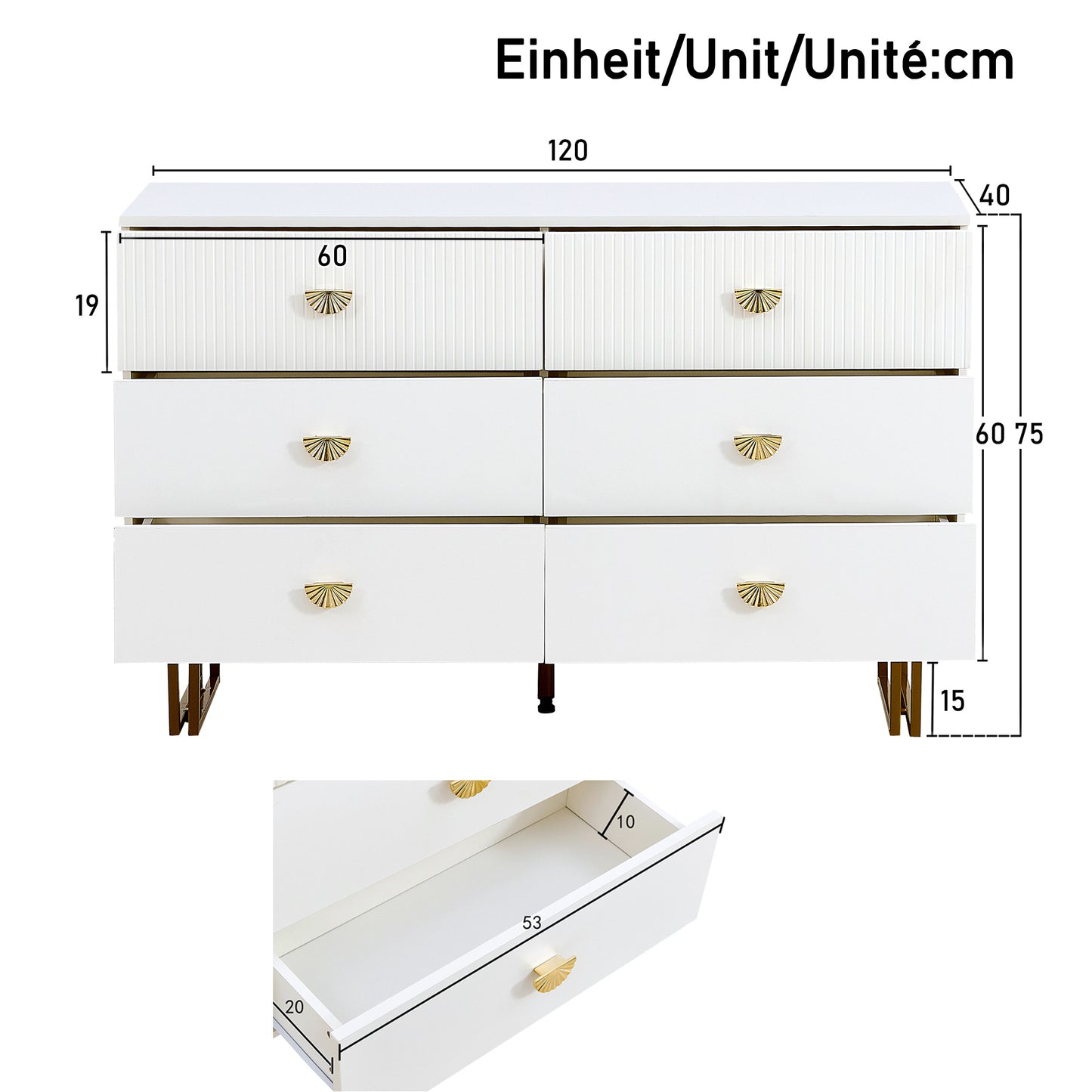 Sideboard – Dressoir – Commode – Opbergmeubel – Wandmeubel – Wit – 6 Lades – Gouden Handgrepen – Metalen Poten – Geribbelde Fronten – Spiegel 80x80 cm
