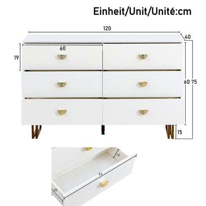 Sideboard – Dressoir – Commode – Opbergmeubel – Wandmeubel – Wit – 6 Lades – Gouden Handgrepen – Metalen Poten – Geribbelde Fronten – Spiegel 80x80 cm