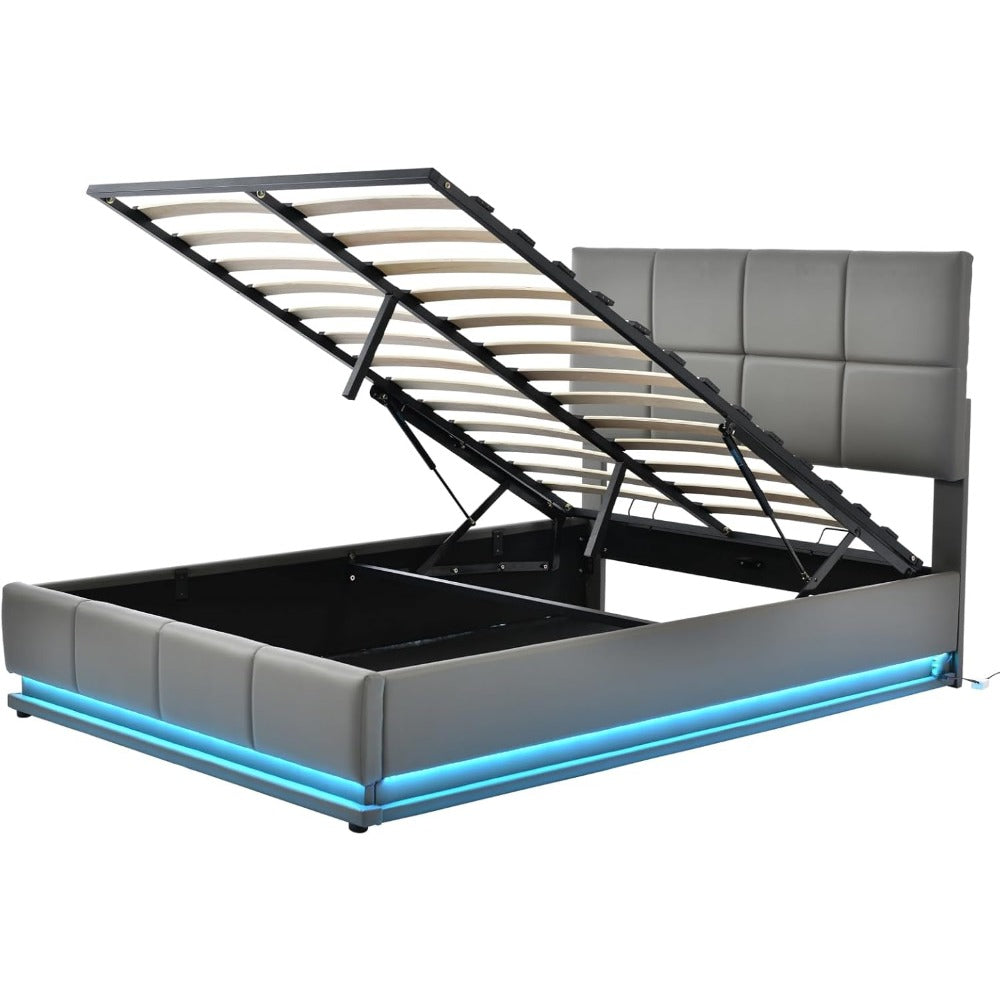 Gestoffeerd Tweepersoonsbed – Opbergbed – Boxspringbed – Led Bed – Slaapbank – Grijs – Met Hydraulische Lift – 16-kleuren LED-verlichting