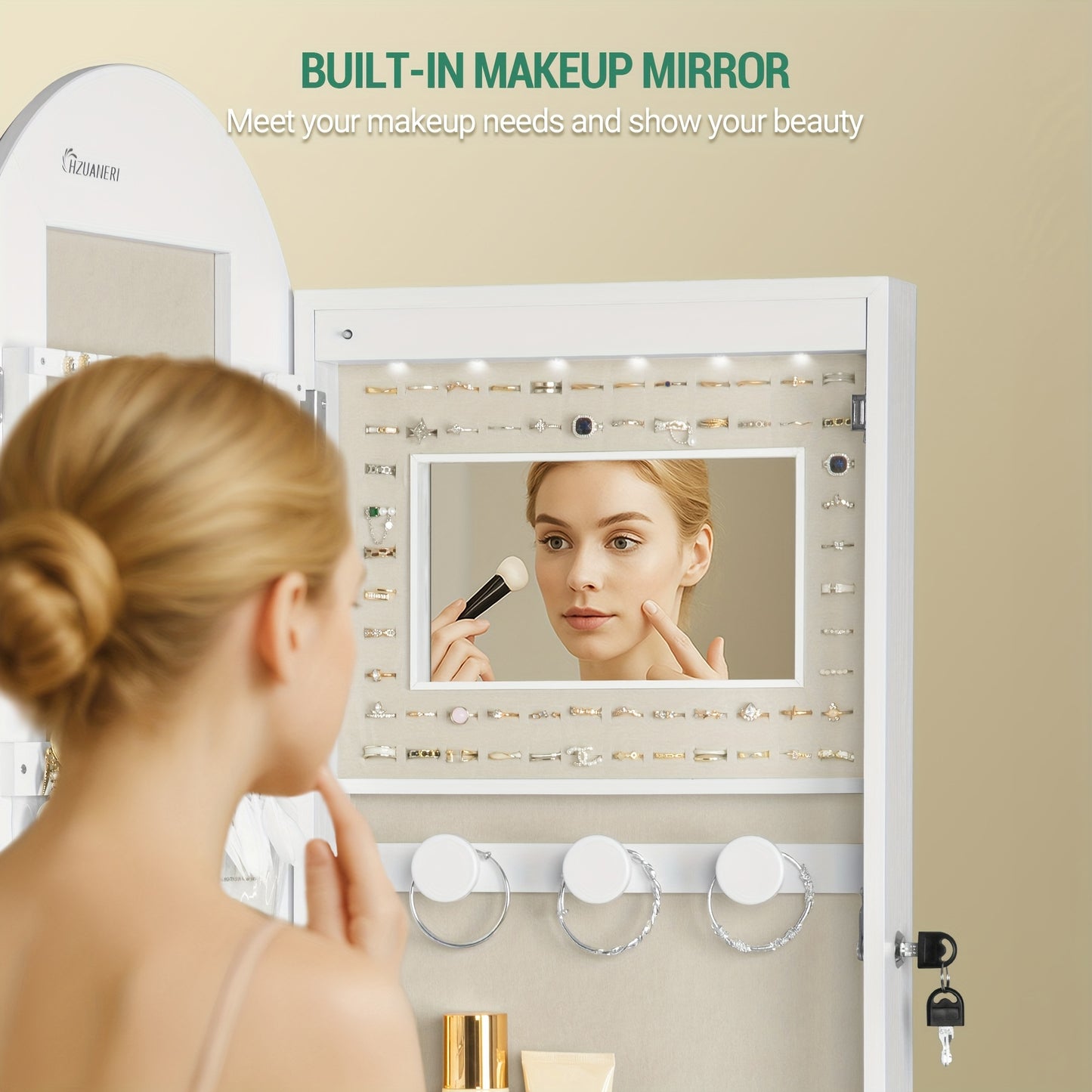 Jewelry Cabinet, Standing Mirror Cabinet, Built-in 6-LED Lighting And Mirror, Lockable, Wall Cabinet with Mirror, with Hanging Compartments And Baskets, Modern Elegance, White, Jewelry Armoires