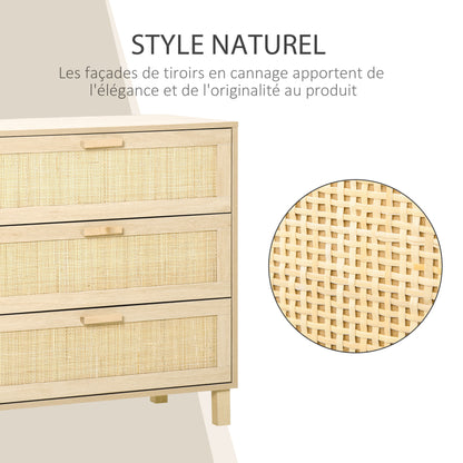 Opbergkast – Ladekast – Commode – Dressoir – Kast Beige – 3 Grote Lades – MDF Met Rotan Fronten
