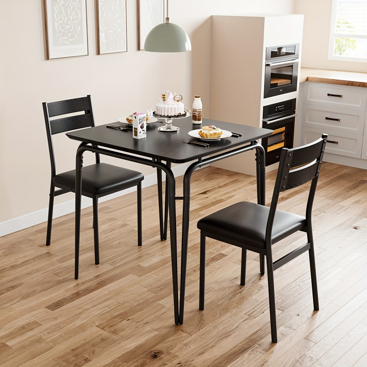Eettafel Set – Dinerset – Keukentafel – Ontbijttafel – Tafel Met Stoelen – Compact 3-Delig – MDF Blad – Zwart Frame – Padded Stoelen – 29,1 Inch – Ruimtebesparend