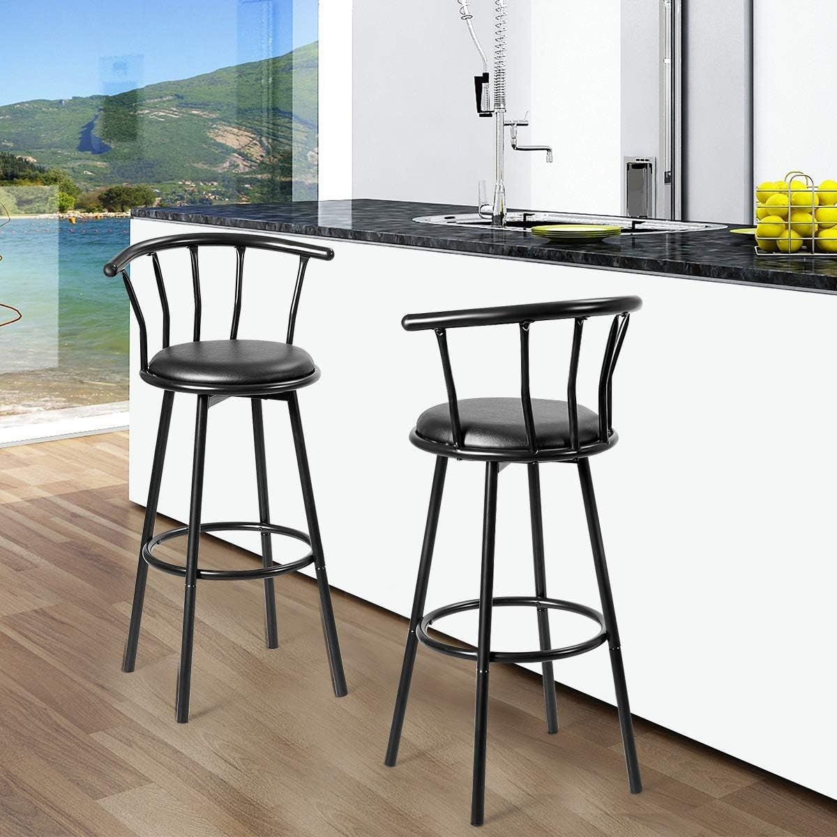 Barstoel – Barkruk – Barstoelen – Keukenstoel – Barkrukken – 2 Stuks Zwart – 360° Draaibaar – Stevige Stalen Buizenstructuur