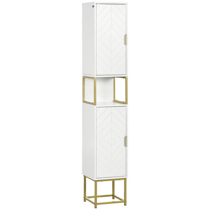 Badkamerkolom – Badkamerkast – Opbergmeubel – Badkamerkastje – Sanitairopberger – Wit met Gouden Accenten – Compact 30x30x170 cm – Waterbestendig MDF
