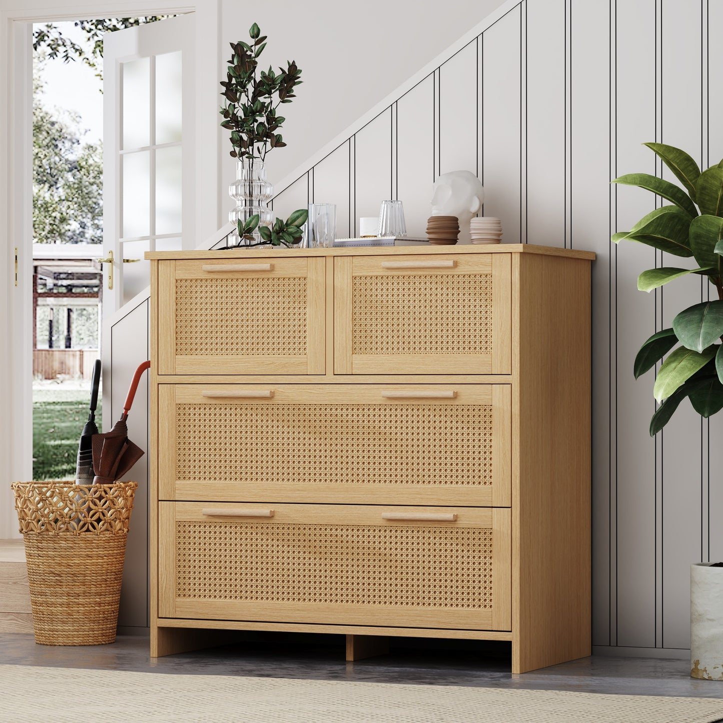Rotan kast – Ladekast – Dressoir – Opbergkast – Commode – Hoogrendement – 4 Lades – Hout en Rotan – 80x80x38 cm