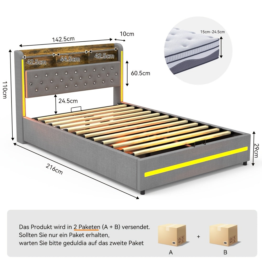 Modern Upholstered Double Bed Frame with Hydraulic Storage & LED Headboard - Lift-Up Platform Bed Suitable for Small Spaces, Grey Bed 140x200cm, Easy Assembly (No Mattress Included)