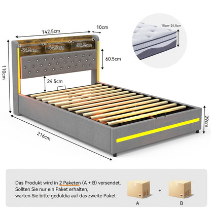 Modern Upholstered Double Bed Frame with Hydraulic Storage & LED Headboard - Lift-Up Platform Bed Suitable for Small Spaces, Grey Bed 140x200cm, Easy Assembly (No Mattress Included)