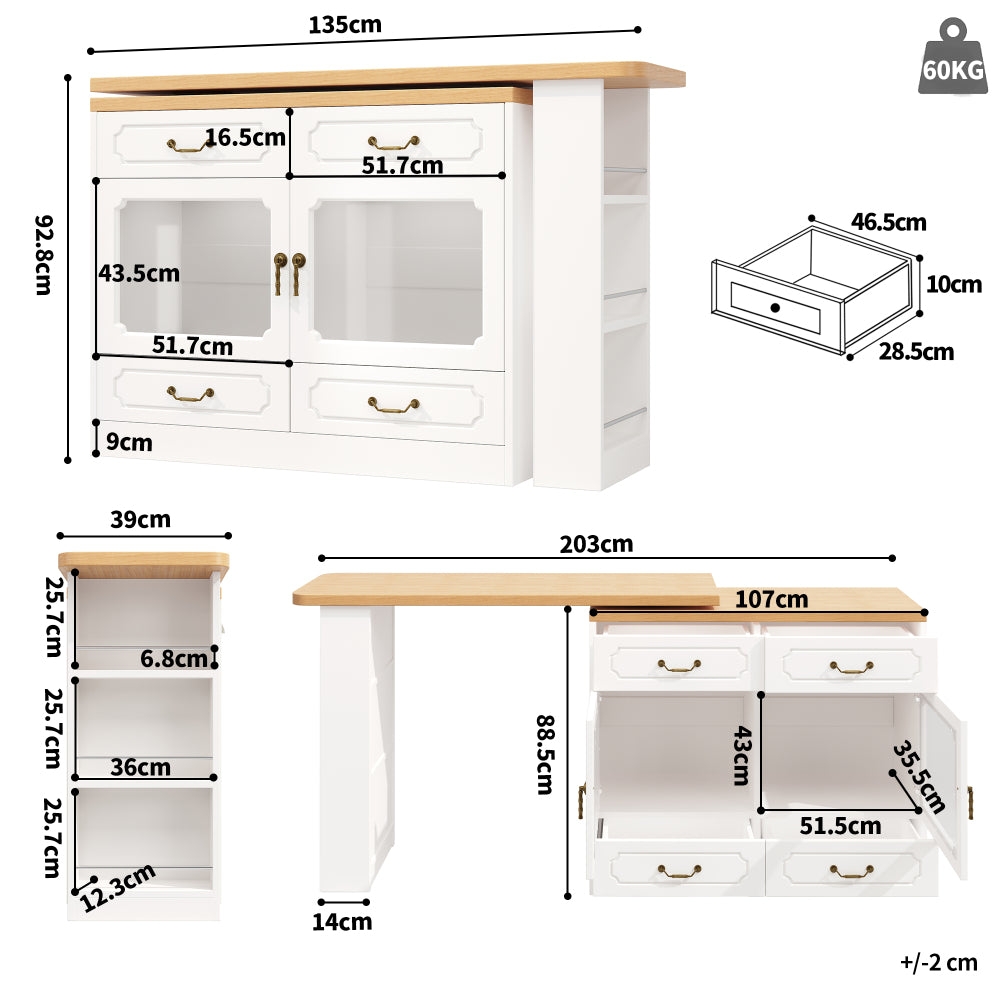 Uitschuifbare Bartafel – Barmeubel – Hoogtafel – Drinktafel – Bistrotafel – 360° Draaibaar Blad – Ruime Opbergruimte – Modern Wit Metaal & Glas – Compact & Verstelbaar 135-203 cm