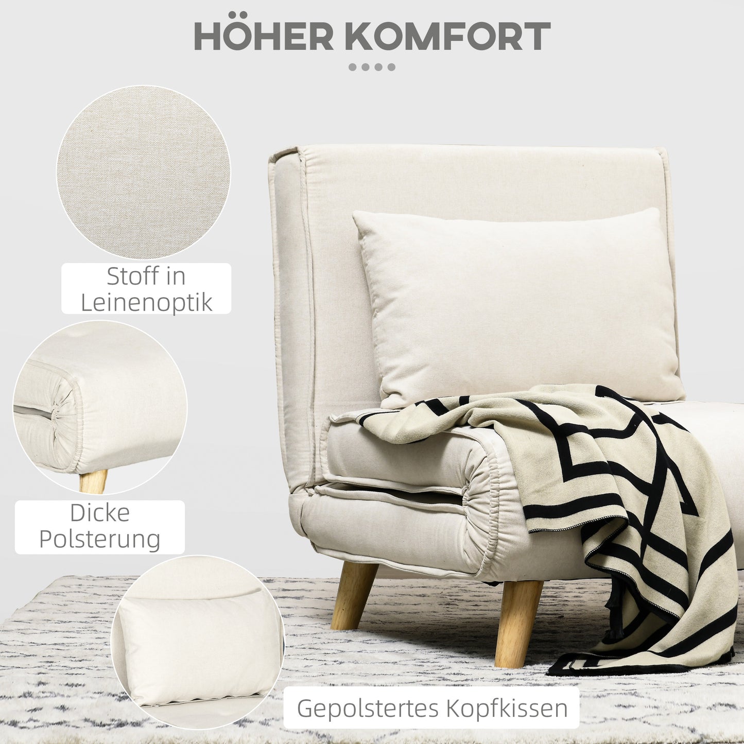 Relaxstoel – Fauteuil – Lounge Stoel – Verstelbare Stoel – Cream Kleur – 6-voudig Verstelbare Rugleuning – Onderhoudsvriendelijke Linnen-Look