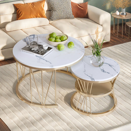 Salontafel Set – Moderne Ronde Tafels – Bijzettafel – Lage Tafel – Woonkamer Tafel – Gouden Metalen Frame – Wit Marmerblad – Nestbaar & Ruimtebesparend – Lichtgewicht & Makkelijk Verplaatsbaar
