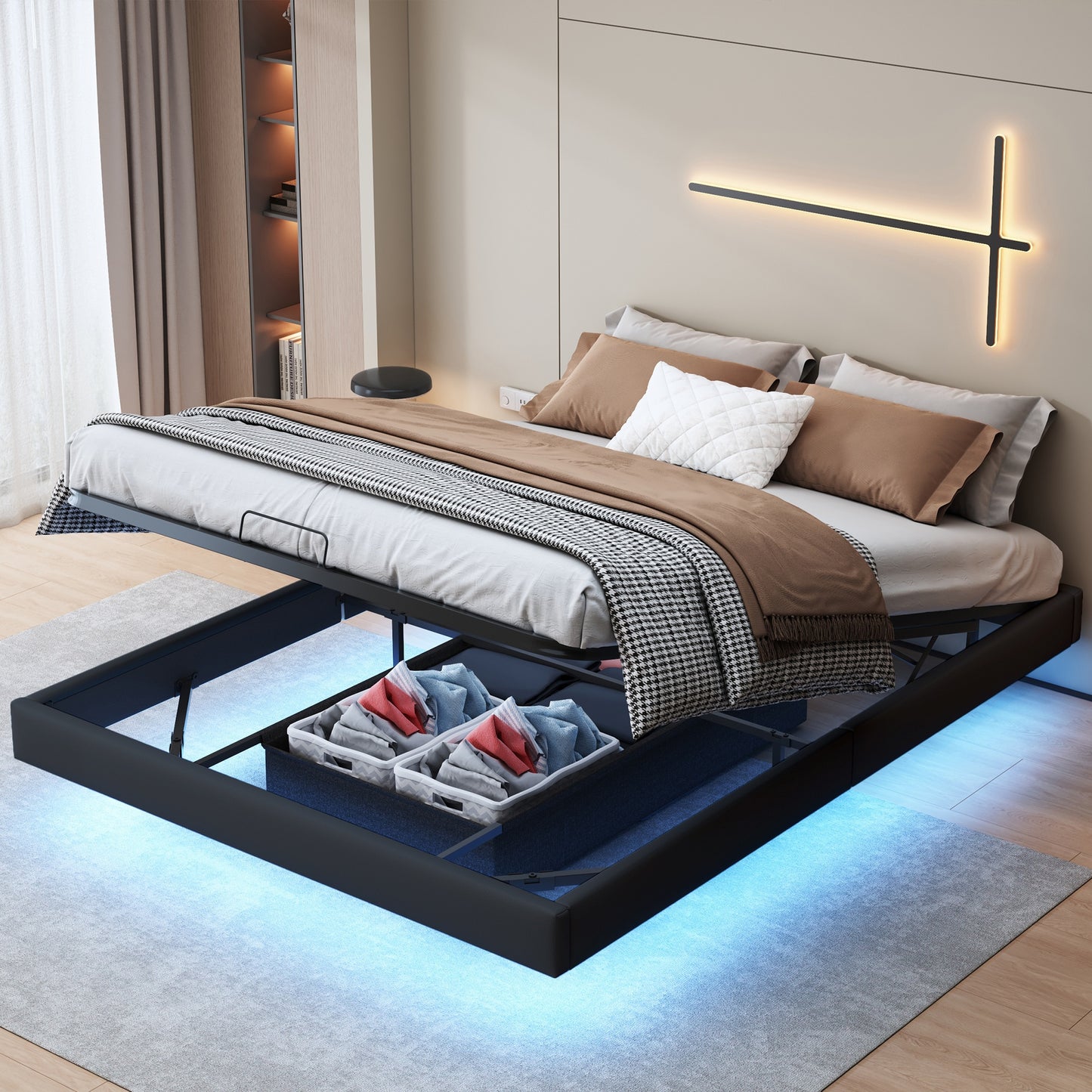 Upholstered Bed – Gestoffeerd Bed – Tweepersoonsbed – Bedframe – Slaapbank – Zwevend Design – Opbergruimte Onder Bed – 160x200 cm – PU Materiaal Beige