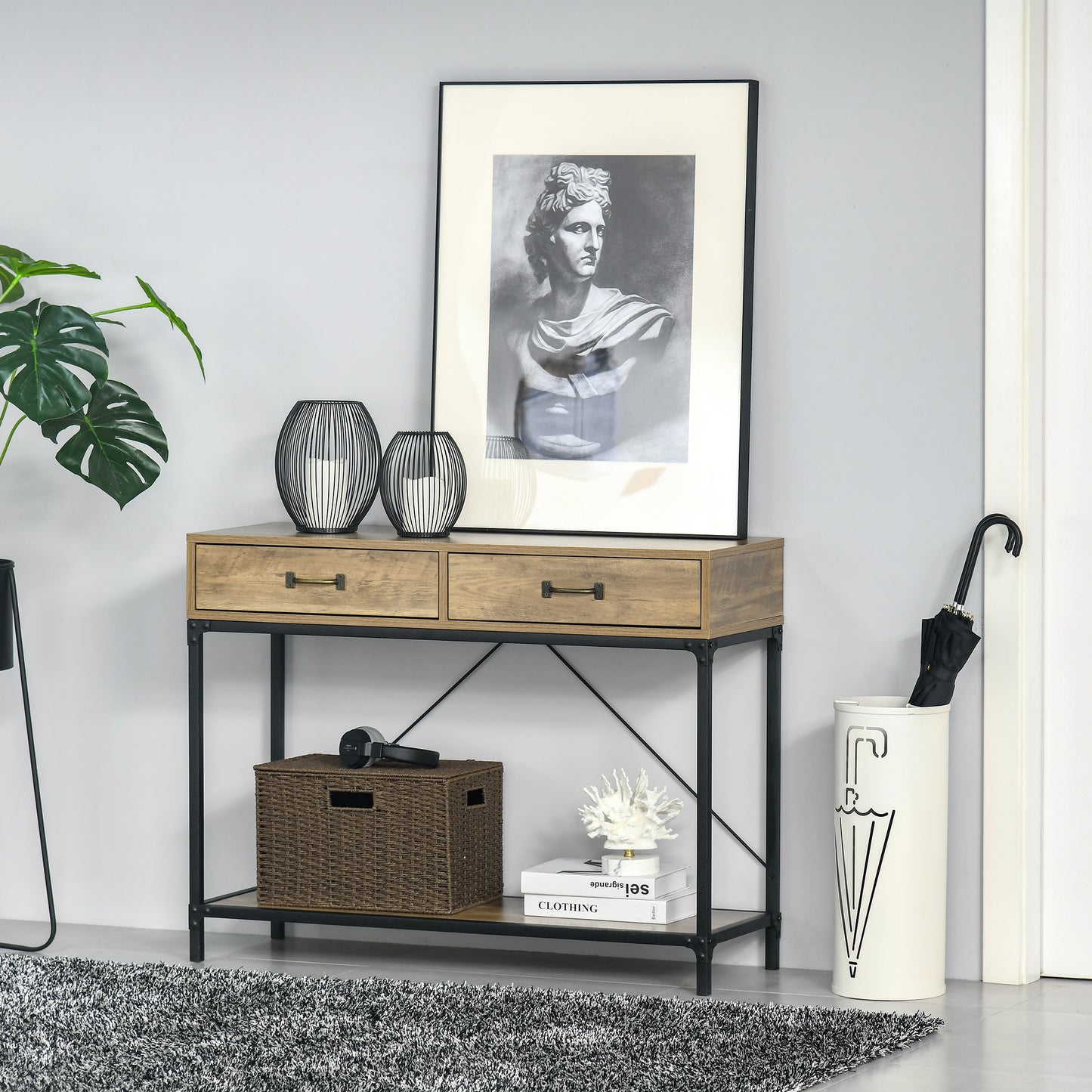 Sidetable – Consoletafel – Wandtafel – Haltafel – Bijzettafel – Industrieel Design – 2 Lades & Open Plank – 100x35x76 cm Houtlook & Metaal
