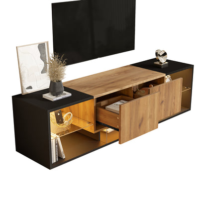 Three-tier TV Stand | Suitable for TVs up to 177.8 cm, Modern Style, Glass Top Storage Platform, Two Drawers, Ideal for Living Rooms and Bedrooms, Black, Metal Material