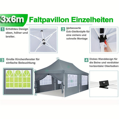 3x6m Pop Up Canopy Tent With 6 Sidewalls, Commercial Gazebo For Easy Outdoor Setup, Instant Event Shelter With Sandbags, Perfect For Garden Parties And Events