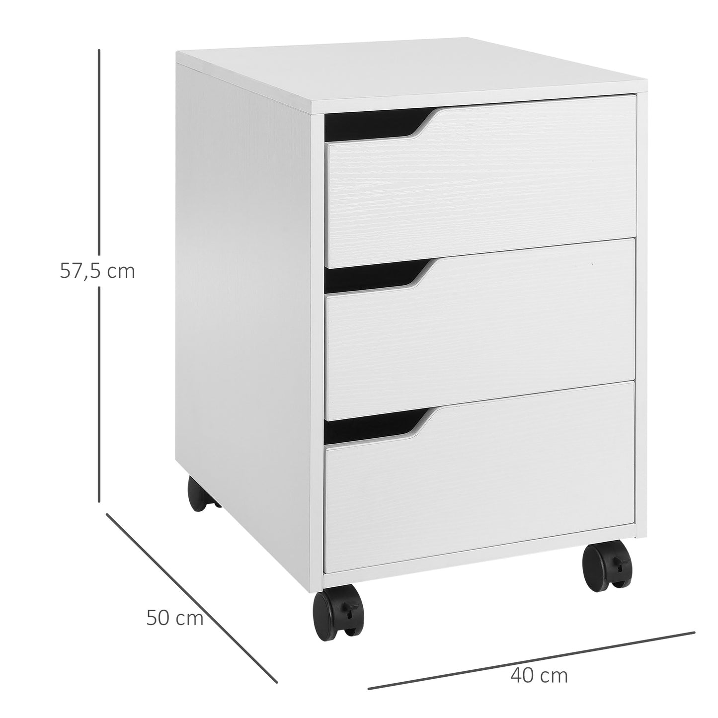 Rolkastje – Ladekastje – Ladenkast – Bureaukast – Opbergkast – 3 Vergrendelbare Lades – MDF Wit – Compact Formaat 40x50x57,5 cm