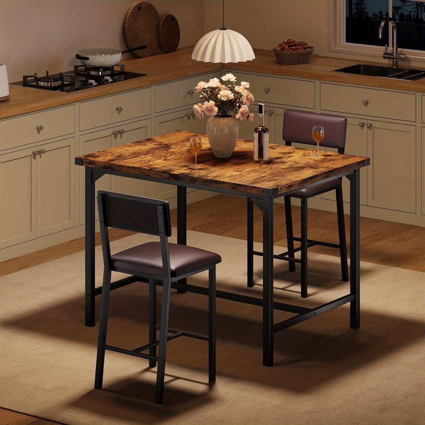 Dining Table Set for 2 W/Footrest & Backrest, Counter Height Table with 2 Bar Chairs, Kitchen Table Set with Corner Protector, for Small Space