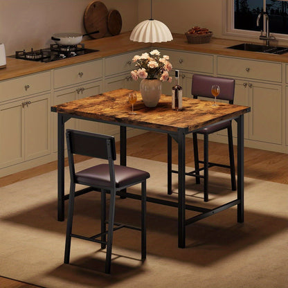 Dining Table Set for 2 W/Footrest & Backrest, Counter Height Table with 2 Bar Chairs, Kitchen Table Set with Corner Protector, for Small Space