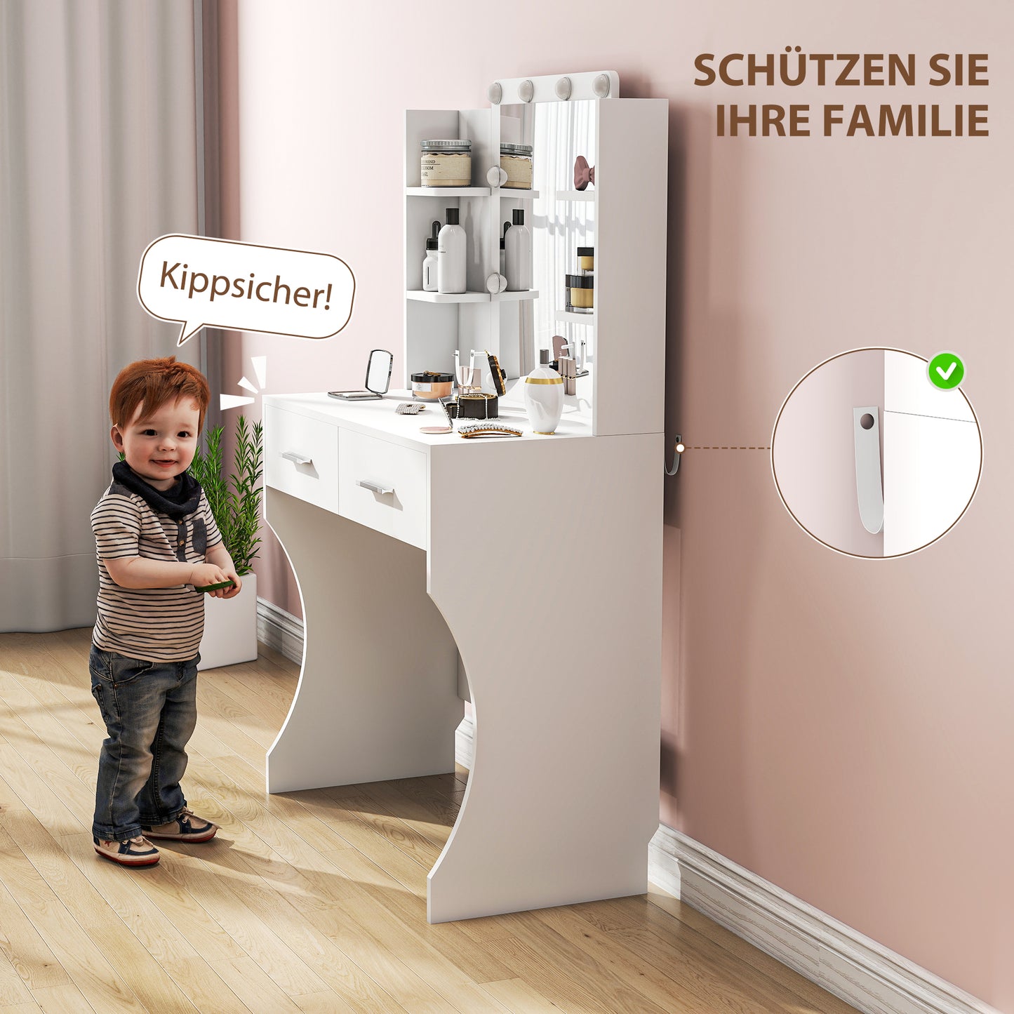 Make-uptafel – Make-up tafel – Make-up meubel – Beauty tafel – Schminktisch – Wit design – Dimbare LED-verlichting – Ruime opberglades
