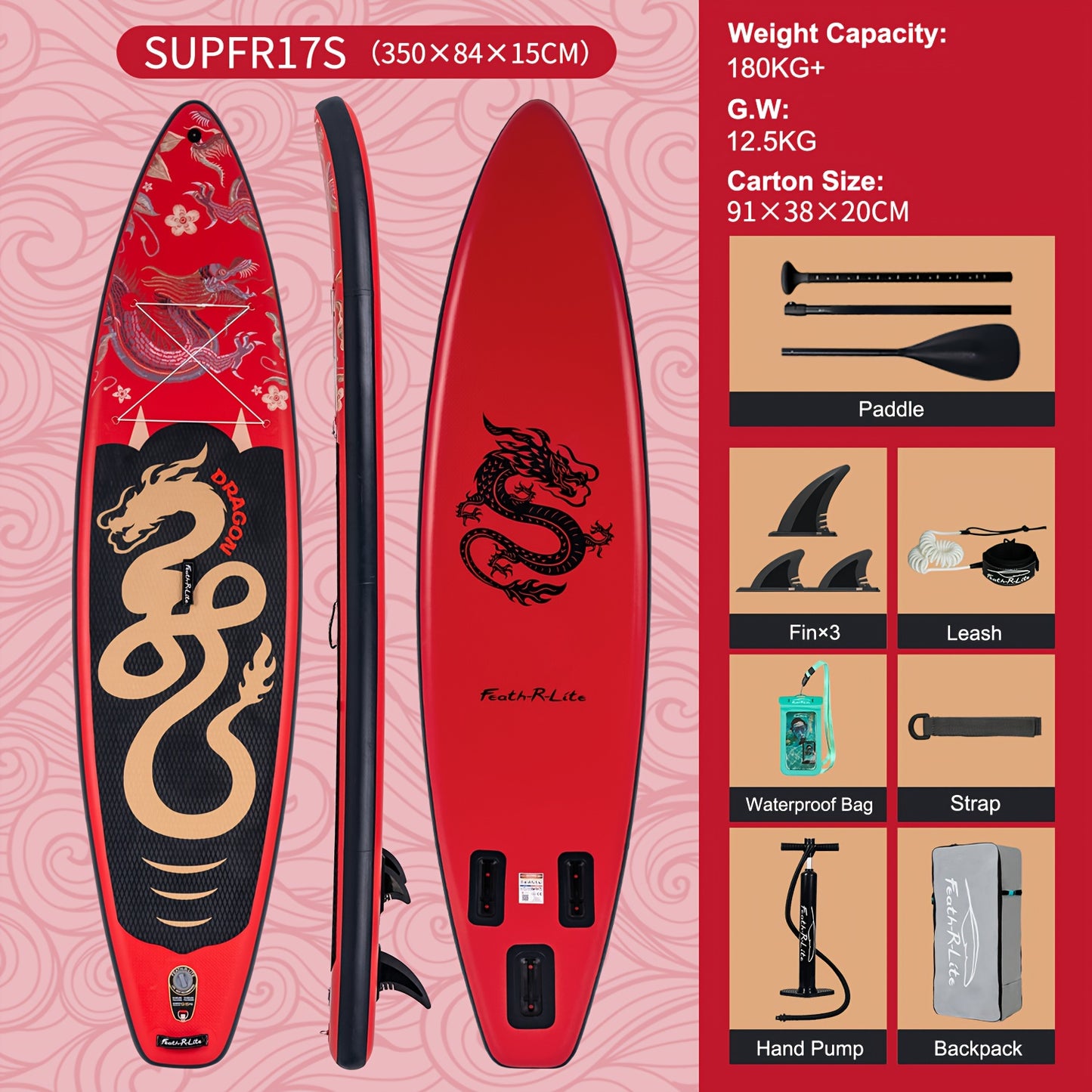 Paddleboard – SUP Board – Opblaasbaar Board – Stand Up Paddle – Watersportboard – Rood Draak Design – 350x84x15 cm – Duurzaam PVC