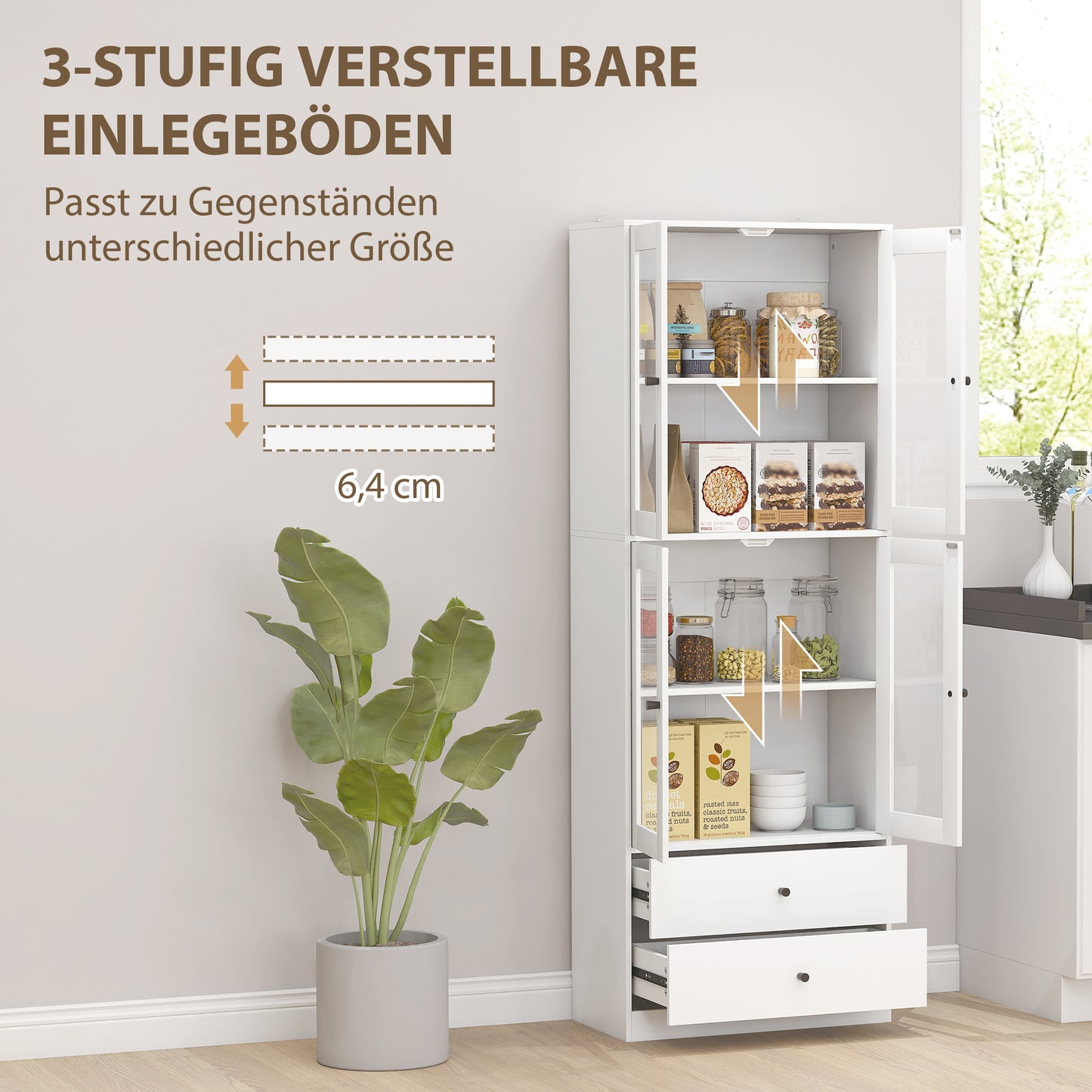 Keukenkast – Kast – Opbergmeubel – Dressoir – Ladekast – Wit – Glazen Deuren – Melamine Afwerking – Elektriciteitsvrij