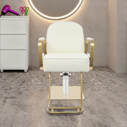 Hair Salon Chair | Height Adjustable, 360° Swivel, Golden Stainless Steel Square Base and Round Tube Footrest - Beige, NaMaSyo Brand