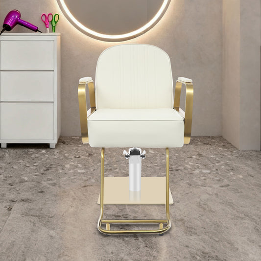 Hair Salon Chair | Height Adjustable, 360° Swivel, Golden Stainless Steel Square Base and Round Tube Footrest - Beige, NaMaSyo Brand