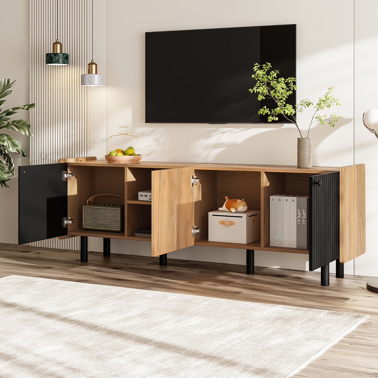 tv meubel – tv kast – tv dressoir – tv console – tv meubelen – modern design – 160 cm breed – geschikt voor tv tot 65 inch – stevige constructie – drie deuren en open vakken