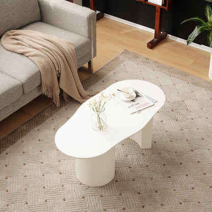 Modern White Curved Coffee Table - 100cm Long Irregular Oval/oval-like (not a true oval) Tabletop, Space-Saving Sturdy Metal-Free Assembly Design, Low-Maintenance White Finish, Large Living Room Center Table for Sofa & Bedsid