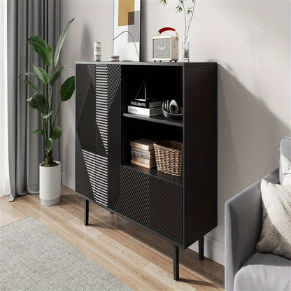 Dressoir – Opbergkast – Buffettafel – TV-meubel – Kast – Mat Zwart – Geometrisch Reliëf – 125x40x86 cm – Stevige Spaanplaat</s>
