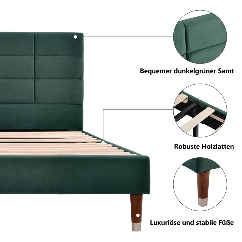 Double Bed with Slatted Frame - Dark Green Upholstered Headboard, Sturdy No-Assembly Bed Frame, Heavy-Duty Construction for Adults & Teens - Mattress Not Included - Ideal for Modern, Headboard Cover For Bed Padded, Headboard