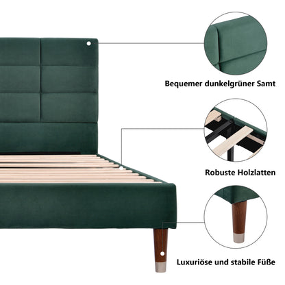 Double Bed with Slatted Frame - Dark Green Upholstered Headboard, Sturdy No-Assembly Bed Frame, Heavy-Duty Construction for Adults & Teens - Mattress Not Included - Ideal for Modern, Headboard Cover For Bed Padded, Headboard