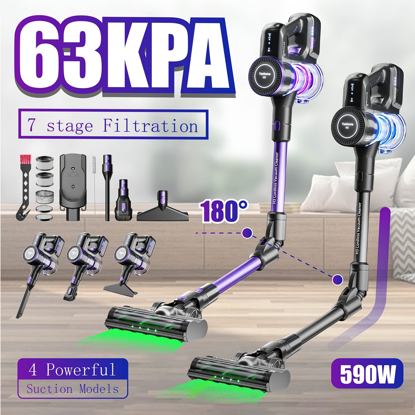 Yanhama H3 Wireless Vacuum Cleaner, Handheld Vacuum Cleaner, 7-level Filtration System, 180° Flexible Steering, Compatible with Multiple Accessories for Various Scenarios. Deep Cleaning Of Household, Pet Hair, Sofa And Floor