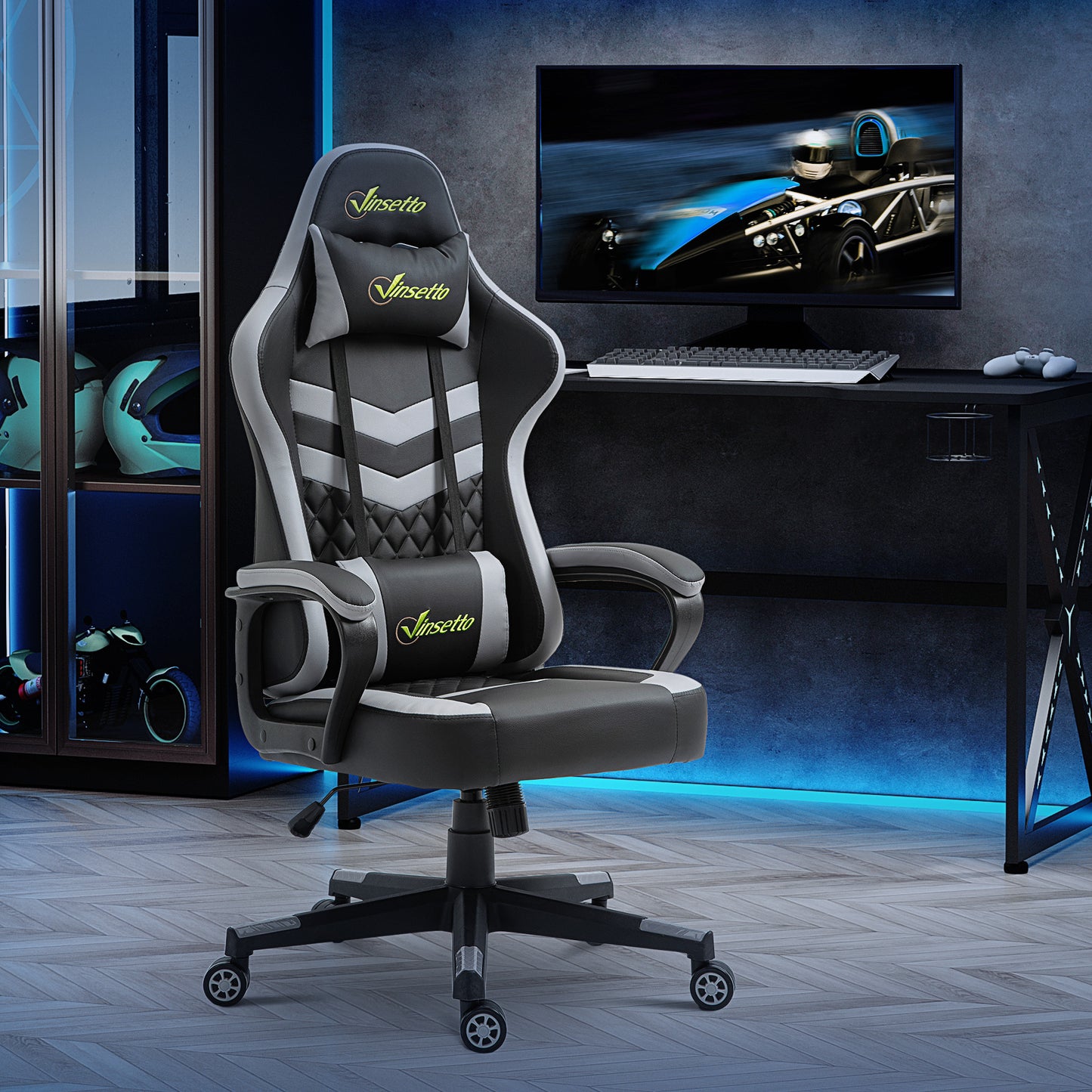 Gamingstoel – Bureaustoel – Office Chair – Gaming Chair – Gamer Stoel – Ergonomisch – Verstelbare Hoogte – Afneembare Hoofdsteun – Lendensteun – Zwart-Grijs