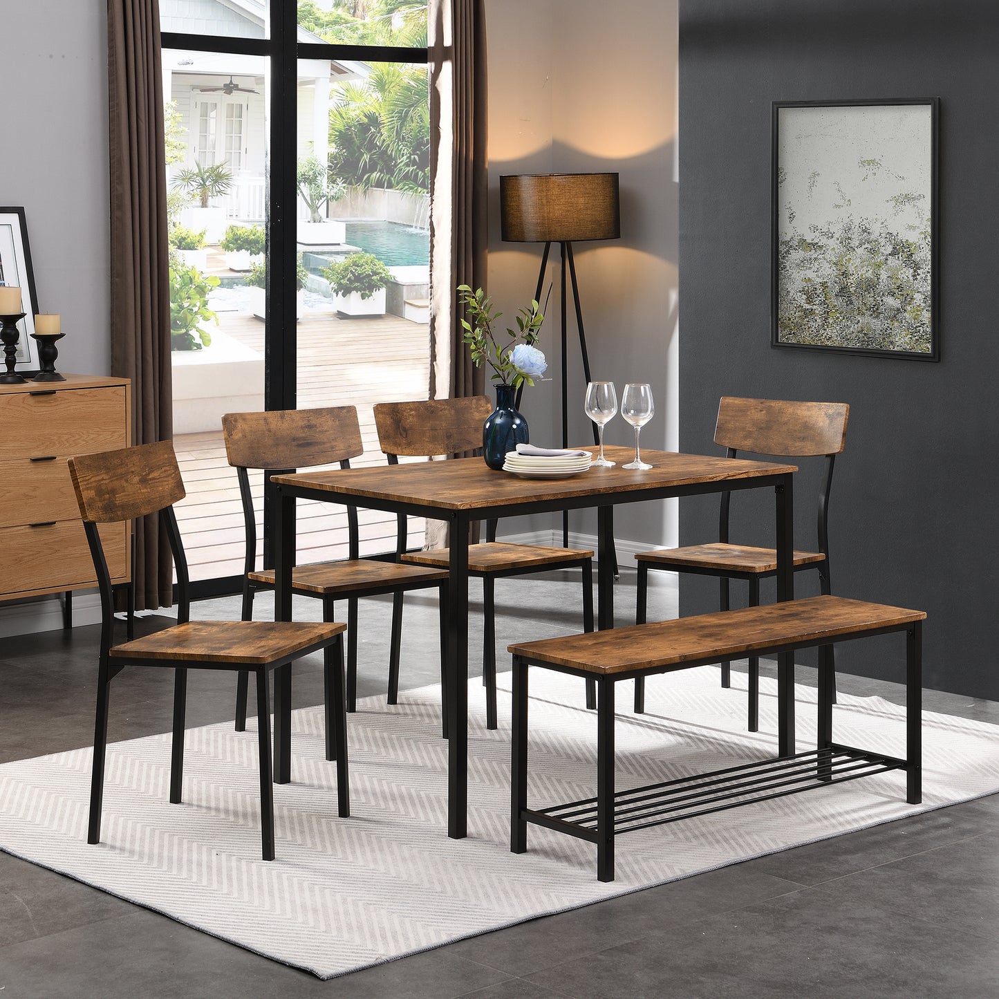 Eettafelset – 6-Delige Diningset – Stoelenset – Bank En Tafel – Houten Eettafel – Industrieel Design – Duurzaam MDF En Stalen Frame – Compact Met Opbergruimte