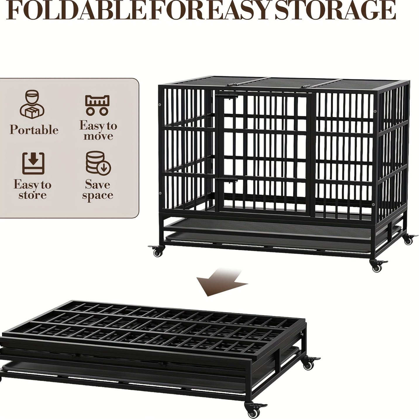 Hondenbench – Hondenkooi – Bench – Huisdierkooi – Transportkooi – Dubbele Deuren – Roestvrij Staal – 94x58x73 cm – Opvouwbaar – 360° Wieltjes – Uitneembare Lade