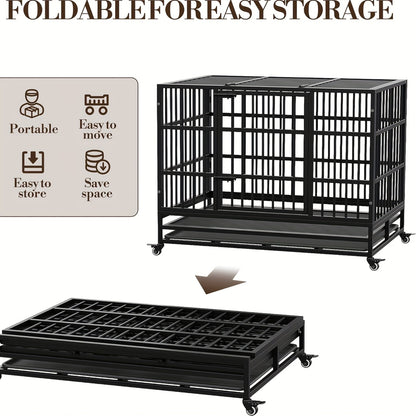 Hondenbench – Hondenkooi – Bench – Huisdierkooi – Transportkooi – Dubbele Deuren – Roestvrij Staal – 94x58x73 cm – Opvouwbaar – 360° Wieltjes – Uitneembare Lade