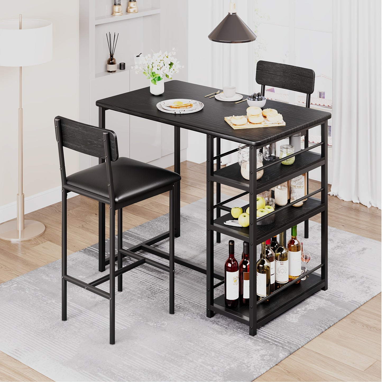 Eettafelset – Bar Tafelset – Keukentafel – Bistro Set – Stoelenset – Compact Ruimtebesparend Ontwerp – Met 3 Opbergruimtes – Matzwarte Metalen Frame