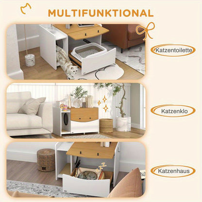 All-in-One Kattenbak – Kattenbak Met Bed – Kattenbakkombinatie – Kattenhuisje – Kattenmeubel – Ruimtebesparend Ontwerp – Wit Met Eikenhoutlook – 78x50x51 cm – Duurzaam PVC & PC – Scharnierend Deurtje